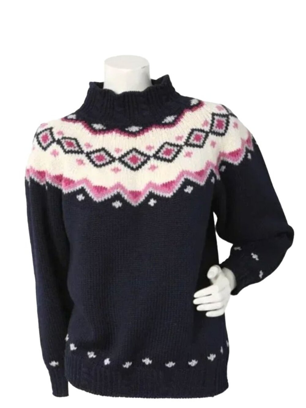 Vintage St Michael Fair Isle Wool Blend Sweater Pullover Navy Blue Pink Small S - Picture 2 of 11